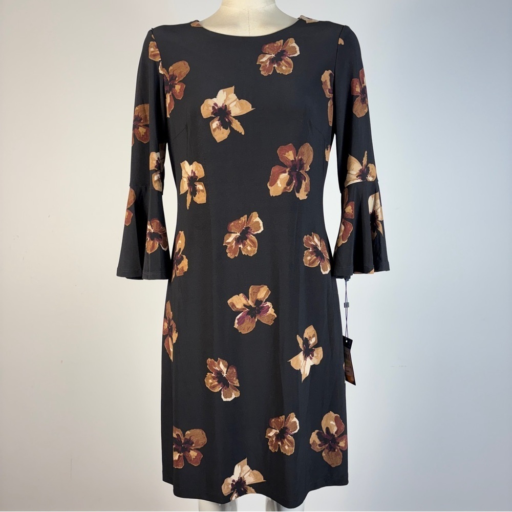 β€οΈ NWT Tommy Hilfiger Black Brown Floral Bell Sleeve Shift Dress 4